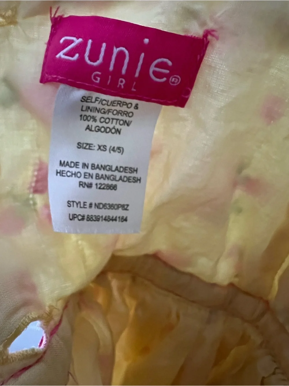 Zunie | Girl 100% Cotton Butter Yellow Summer Sundress Pink Floral Pattern Sz XS